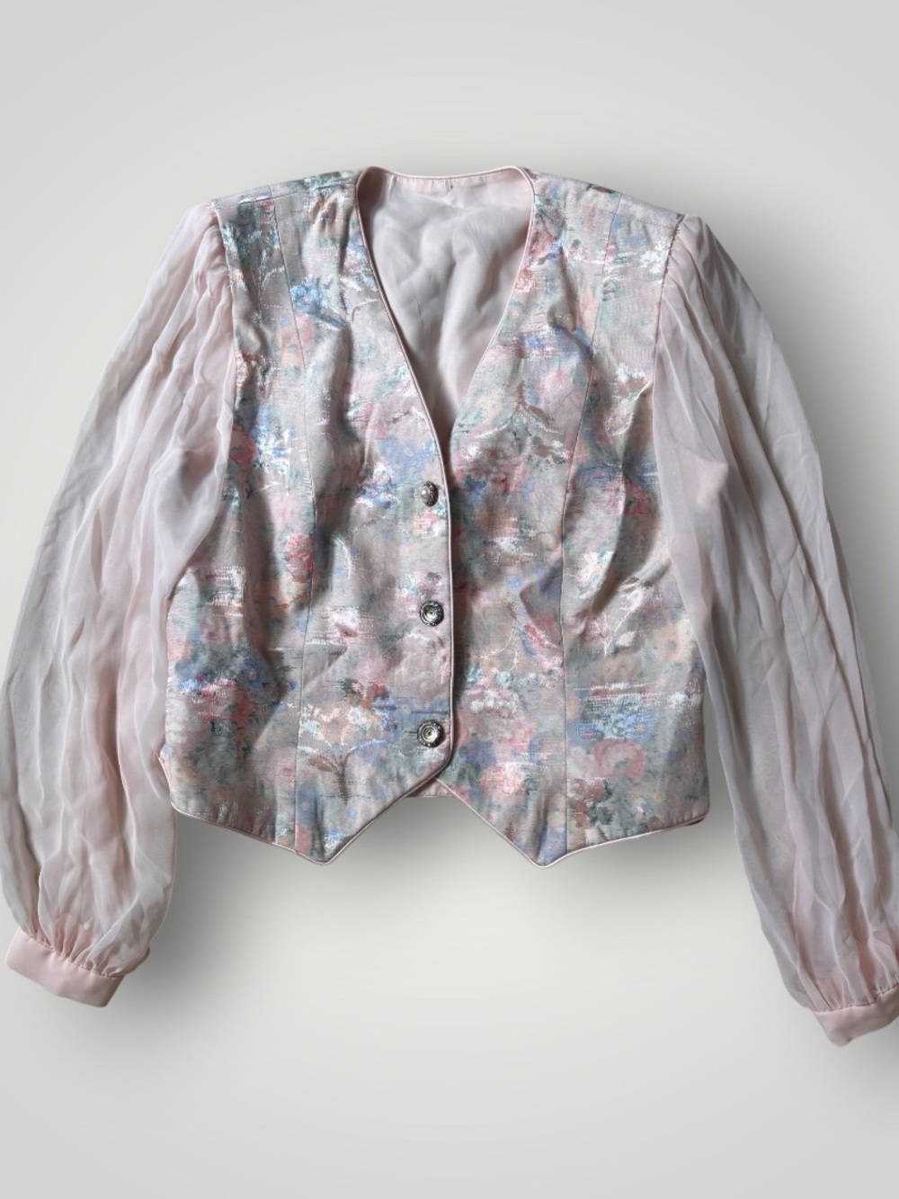 Vintage Miss Elliette 80s pink floral blouse with sheer sleeves button-up front
